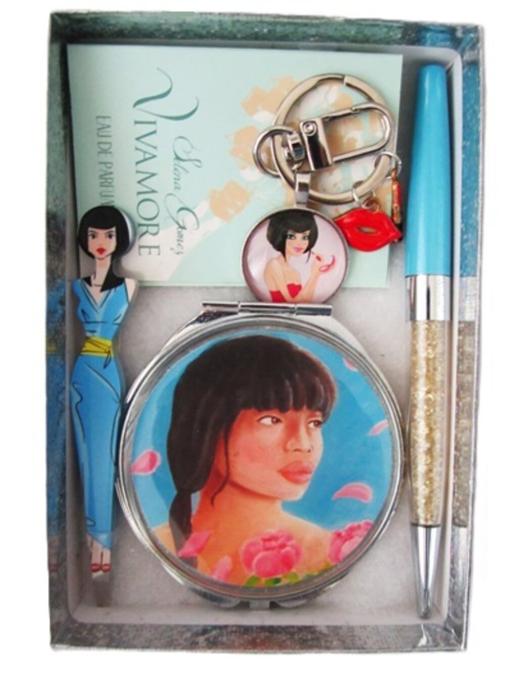 Purse Items Compact Mirror, Tweezer, Keychain, Ink Pen & Vivamore Sample
